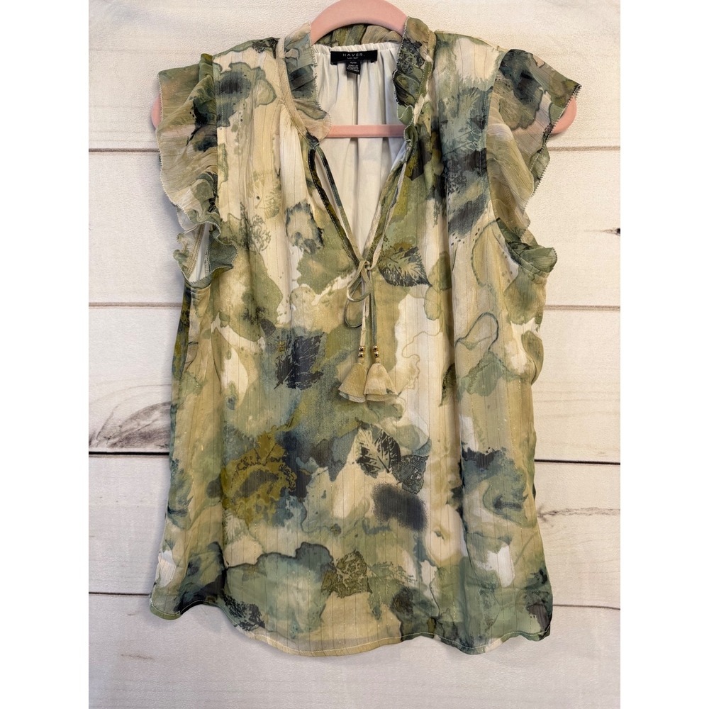 Haver London Womens Green Watercolor Floral Ruffle Tassel Blouse Medium Romantic